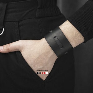 wide Leather wrist cuff bracelet, Black wide leather cuff wristband for men or women, 3511