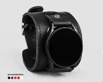 wide Leather stitched cuff band compatible with Samsung and other Smart watch for men or women, 2550st