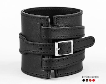 Wide double wrap stitched Leather cuff bracelet for men or women for wrist from 7.5 to 8.5 in (18-22 cm), 8045st