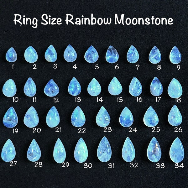 Ringmaat en kleine hanger Rainbow Moonstone Teardrop / Pear Drop Cabochons 10-16 mm