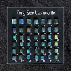 Pode incluir: Um gráfico de pedras preciosas de labradorita, organizadas em linhas e colunas, etiquetadas com os tamanhos de anel de 1 a 42.