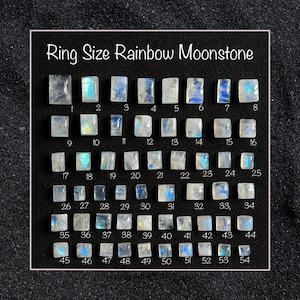 Regnbågsmånsten ringstorlek cabochoner rektangulära och fyrkantiga former 5 mm till 14 mm (storlekar i beskrivningen)