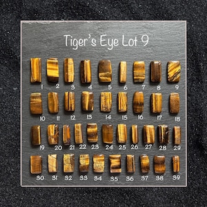 Può includere: Una collezione di 39 pietre preziose occhio di tigre, ognuna con motivi unici di marrone, oro e nero. Le pietre rettangolari sono numerate da 1 a 39, disposte su una superficie scura. Il testo "Tiger's Eye Lot 9" è in alto.