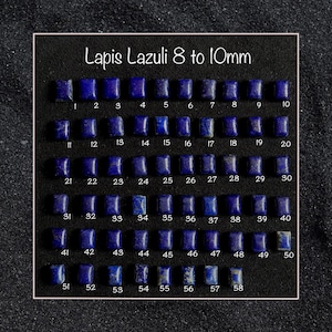 May include: A grid of 58 square-shaped lapis lazuli stones, each measuring 8 to 10 millimetres. The stones are arranged in rows and columns on a black background. The text "Lapis Lazuli 8 to 10mm" is printed above the grid.