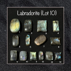 Può includere: Una collezione di quattordici pietre di labradorite in varie forme, tra cui ovali, rettangolari e quadrate. Le pietre mostrano lampi iridescenti di blu, verde e giallo. Il testo "Labradorite (Lot 10)" è in alto.