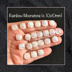 Può includere: Una collezione di ventidue cabochon di pietra di luna arcobaleno, ciascuno di circa 10x10mm, mostrati su una mano. Le pietre sono per lo più bianche con lampi iridescenti. Il testo "Rainbow Moonstone" è nella parte superiore dell'immagine.