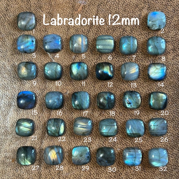 Ringmaat Labradoriet Pauwblauw, Blauw en Gemengd Flash Vierkant Kussen Cabochons (circa 12 mm)