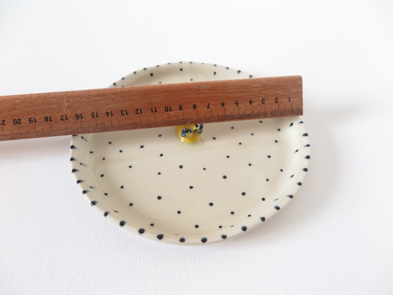May include: Cream-colored ceramic plate with a blue polka dot pattern and a yellow decorative element. A wooden ruler is placed across the plate, measuring approximately 8 inches in length.