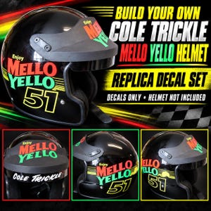 Puede incluir: Un casco de motocicleta negro con un juego de calcomanías Mello Yello que incluye el número 51, el texto Enjoy Mello Yello y Cole Trickle. El set incluye gráficos para la visera y los lados. El texto dice Build Your Own Cole Trickle Mello Yello.