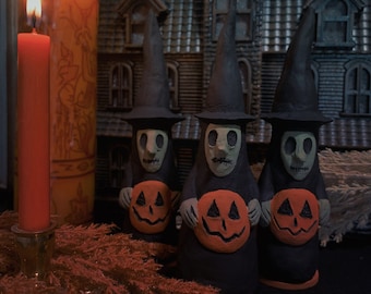Handmade Clay Witch Figurine: Primitive Halloween Decor