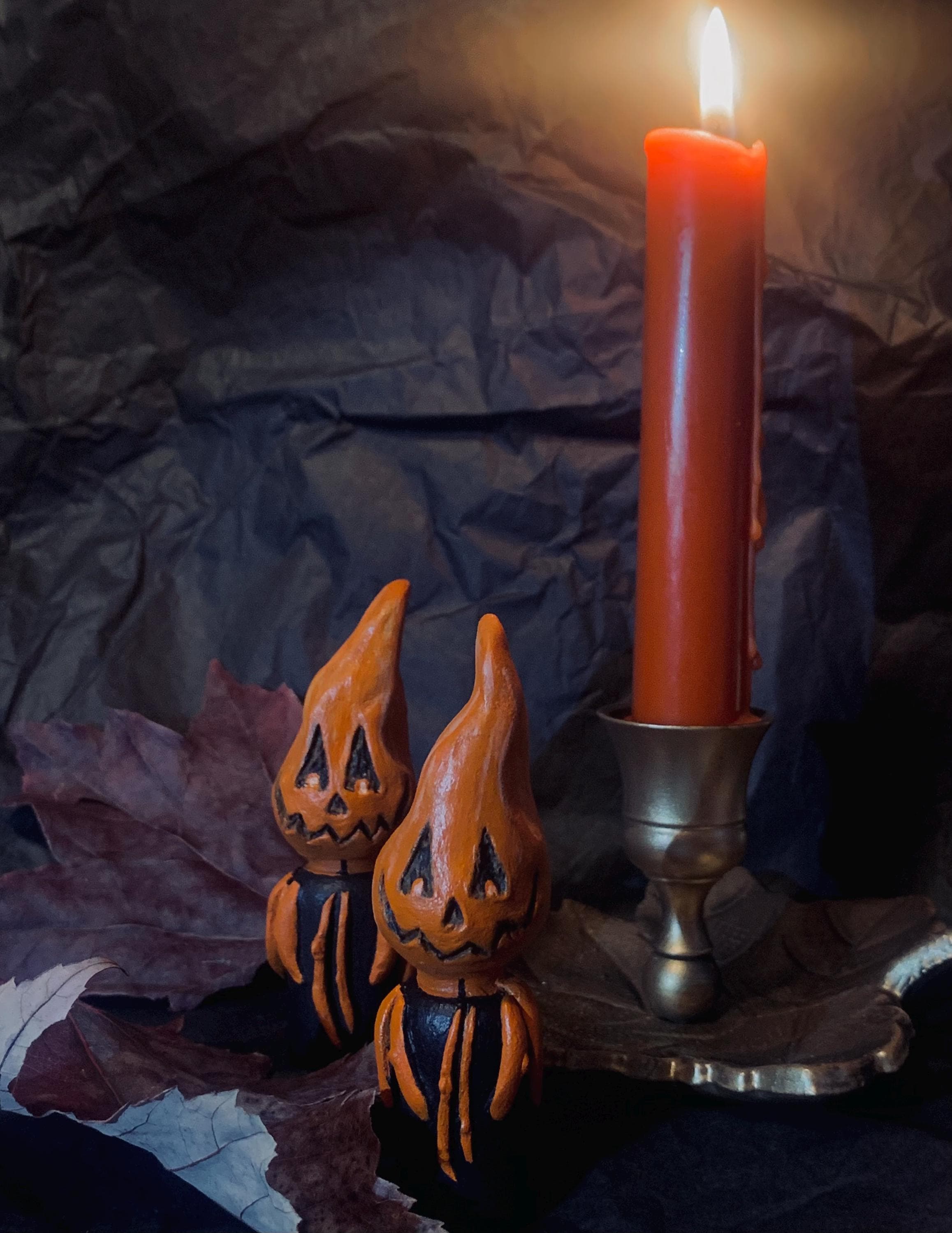Handmade Samhain Candle Peg Doll: Halloween Jack-o'-Lantern Decor