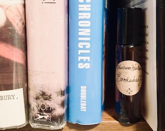Bookshelf Perfume, Bookish Scent, Rose and Rustic Woods, Book stack