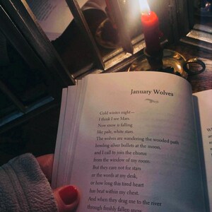 May include: An open book with the title "January Wolves" is held near a lit red candle. The poem's text is visible, and the scene is dimly lit, creating a cozy, intimate atmosphere. A mirror reflects the candle's flame.
