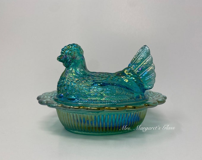 Mosser Glass Teal Carnival Hen On Nest
