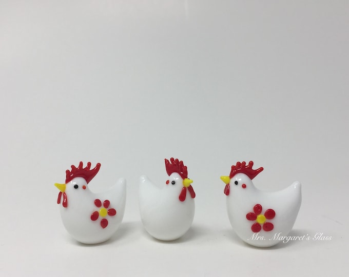 Set of Three. Miniature Mini Glass Lampwork Retro Flower Milk Glass Hen Chickens.