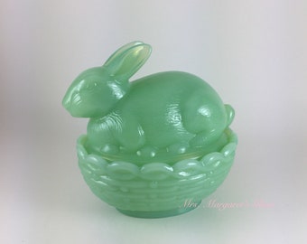 Mosser Glass Jadeite Bunny Rabbit On Basket