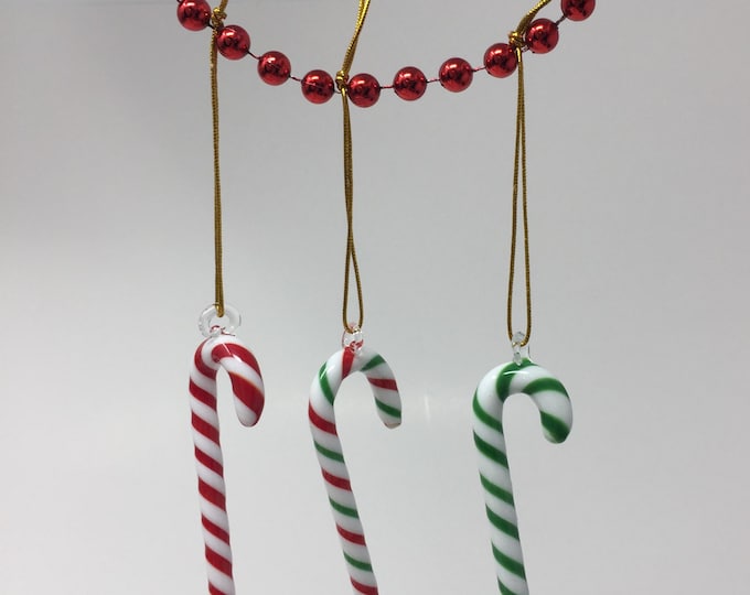 Set of Three. Glass Lampwork 4” Candy Cane Ornaments With Top Loop.