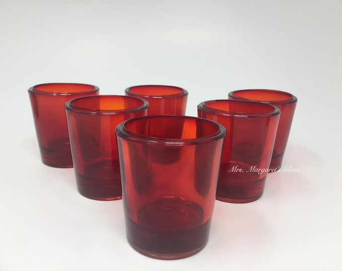 Set of Six. Punxsutawney Glass 15 hour Ruby Red Church Candle Votive Holder.