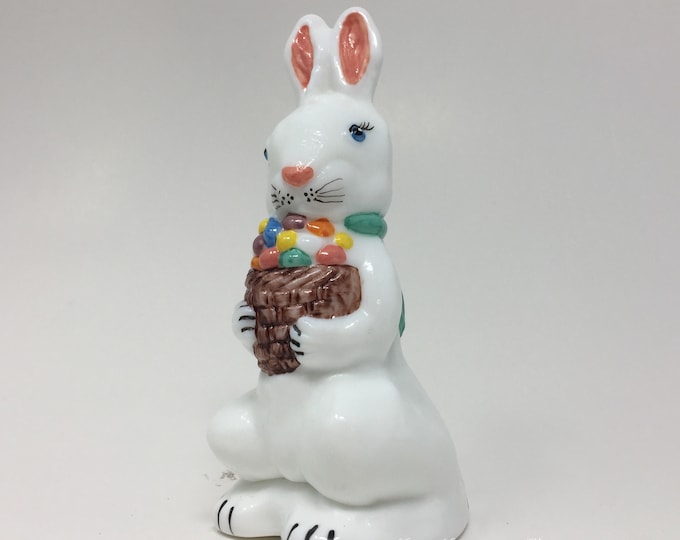 Mosser Glass Hand Painted Milk White Bunny Rabbit With Basket