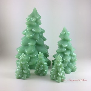 Set of Five. Mosser Glass Jadeite Christmas Trees.