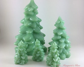 Set of Five. Mosser Glass Jadeite Christmas Trees.