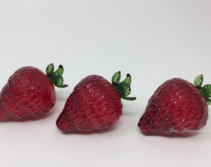Set of Three. Ruby Red Blown Glass Strawberries.