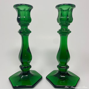 Set of Two. Mosser Glass Hunter Emerald Green Candlestick Holders.