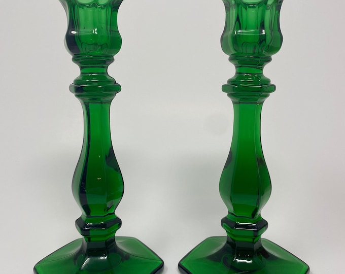 Set of Two. Mosser Glass Hunter Emerald Green Candlestick Holders.