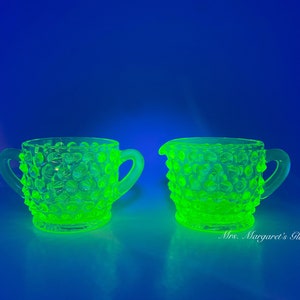 Wilkerson Glass Miniature Lime Green Uranium Hobnail Sugar & Creamer Set