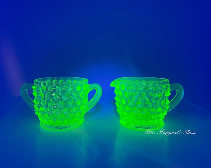 Wilkerson Glass Miniature Lime Green Uranium Hobnail Sugar & Creamer Set