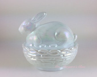 Mosser Glass Milk White Glass Carnival Iridescent Bunny Rabbit On Basket