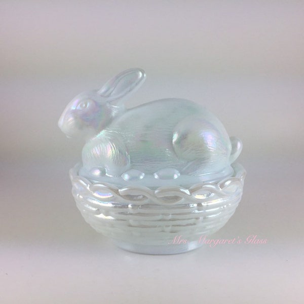 Mosser Glass Milk White Glass Carnival Iridescent Bunny Rabbit On Basket