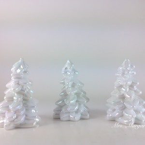 Set of Three. Mosser Glass Milk White Carnival Iridescent Christmas Trees.