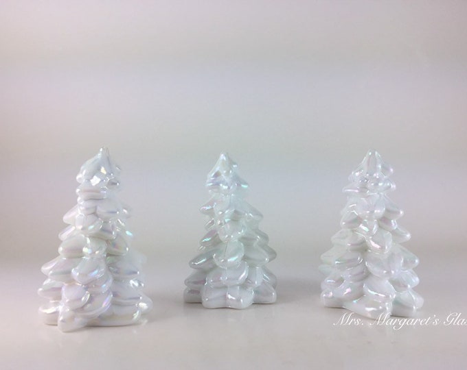 Set of Three. Mosser Glass Milk White Carnival Iridescent Christmas Trees.