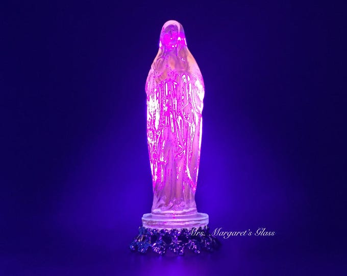 Wilkerson Glass Lime Green UV Glow Pink Blessed Virgin Mary/ Madonna Figure On Gold Base