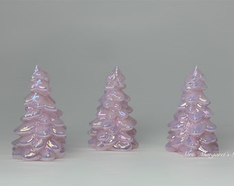 Set of Three. Mosser Glass 2.75” Crown Tuscan Pink Carnival Iridescent Christmas Trees.