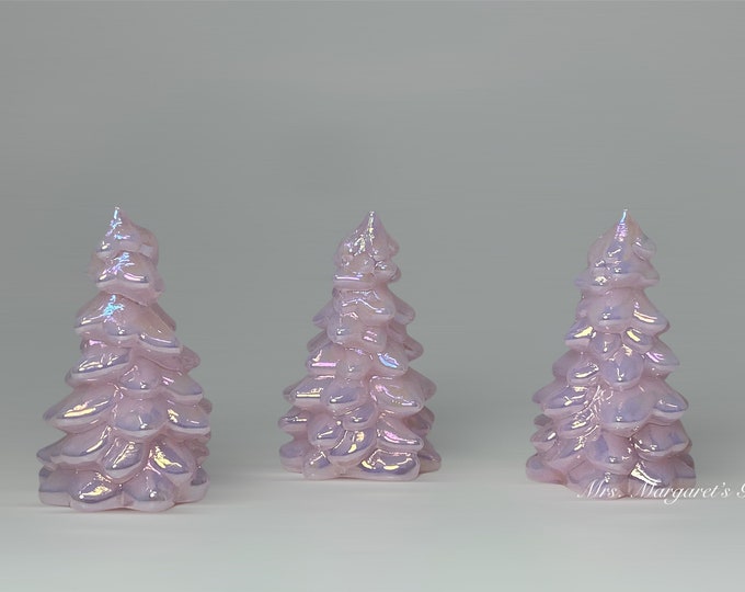 Set of Three. Mosser Glass 2.75” Crown Tuscan Pink Carnival Iridescent Christmas Trees.