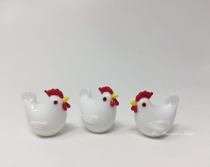 Set of Three Miniature Mini Glass Lampwork Milk Glass Hen Chickens
