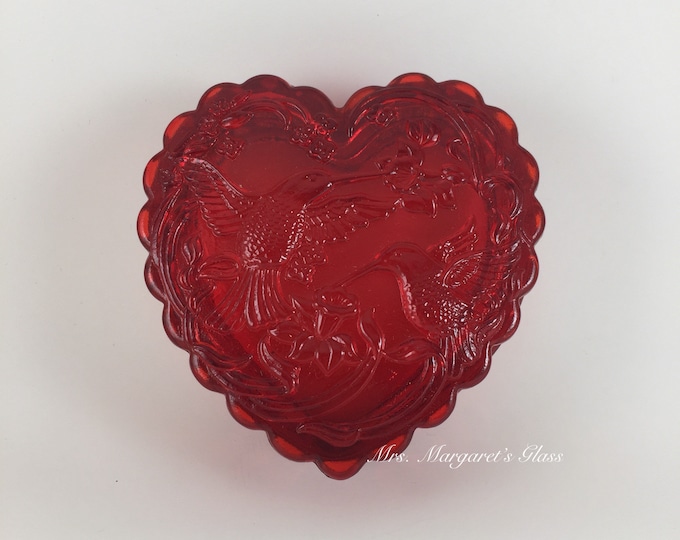 Mosser Glass Ruby Red Heart Hummingbird and Flowers Box