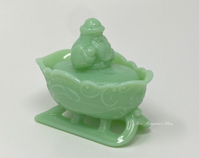 Mosser Glass Jadeite Lidded Santa Claus On Sleigh