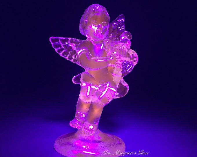 Wilkerson Glass Teal Blue Angel with Harp UV Pink Glow Figurine