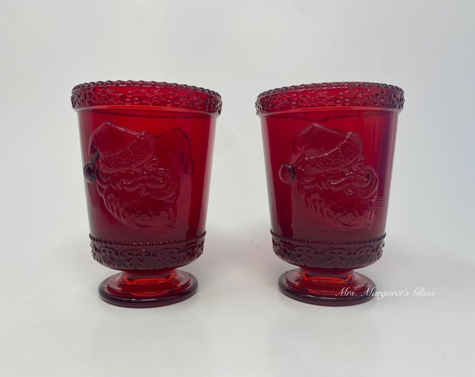 Set of Two. Mosser Glass Ruby Red Santa Claus Christmas Footed Tumblers.
