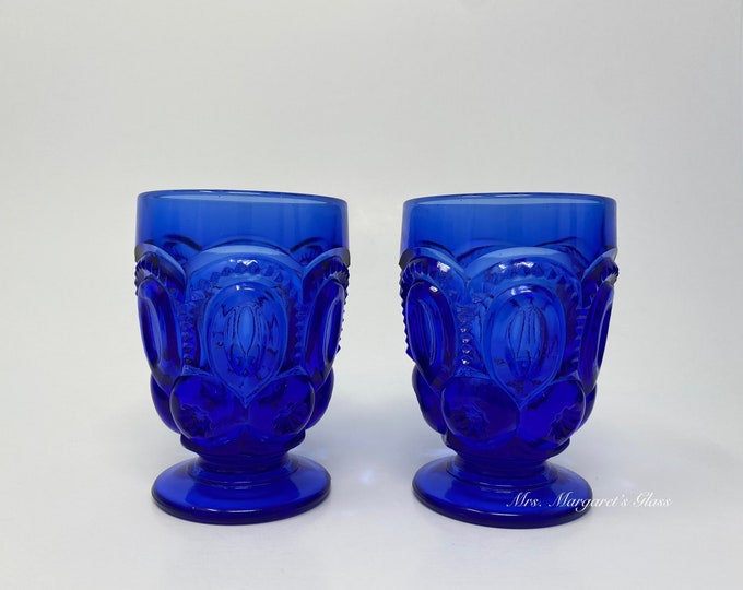 Set of Two. Weishar Glass Cobalt Blue Moon & Stars Footed Juice Tumblers.