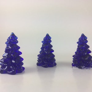 Set of Three. Mosser Glass 2.75” Cobalt Blue Christmas Trees.