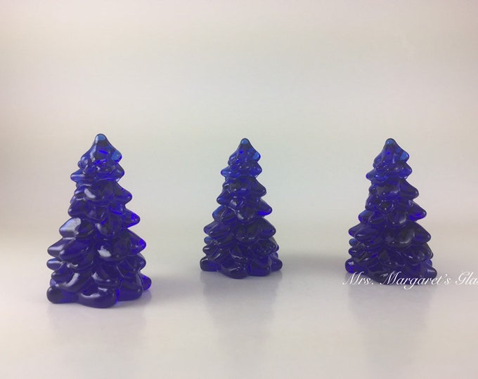 Set of Three. Mosser Glass 2.75” Cobalt Blue Christmas Trees.