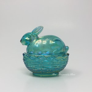Mosser Glass Teal Carnival Iridescent Bunny Rabbit On Basket