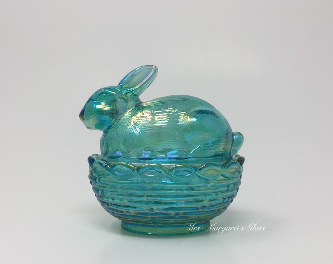 Mosser Glass Teal Carnival Iridescent Bunny Rabbit On Basket