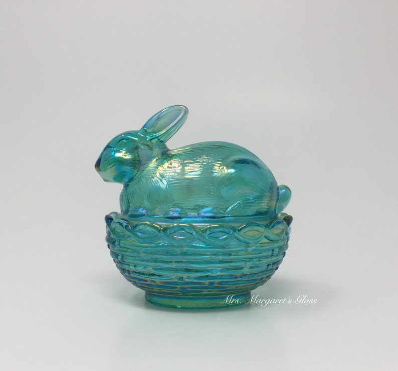 Mosser Glass Teal Carnival Iridescent Bunny Rabbit on Basket - Etsy