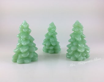 Set of Three. Mosser Glass 2.75" Jadeite Christmas Trees.