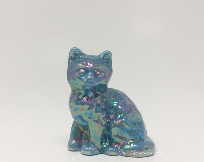 Mosser Glass Georgia Blue Carnival Iridescent Cat Kitten Figure